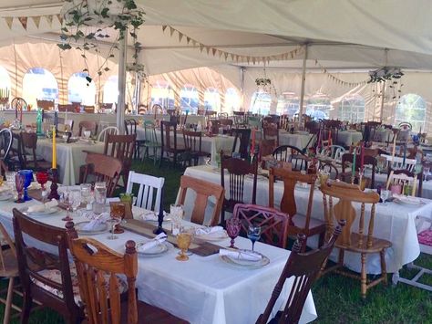 Mismatched wooden chairs, tent, goblets, china. Shabby chic, rustic, boho, elegant wedding. Boho Elegant Wedding, Mismatched Dining Chairs, Dinner Table Setting, Wooden Chairs, When I Get Married, Restaurant Tables, Rustic Boho, Tent Wedding, Wedding Chairs