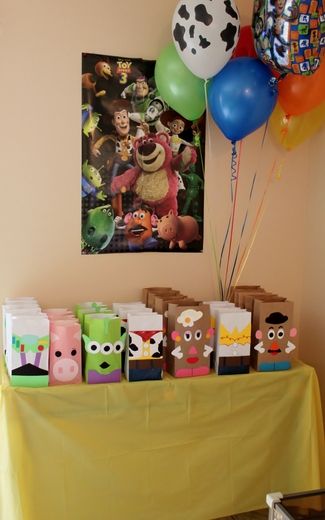 Toy Story -   Those bags are so cute!Love the Mr. potato head one ....could do the girl and boy ones for a mixed party theme along with potato head prizes and games. Game could be 2 teams  racing to replicate& assemble exactly as the one displayed  for the teams. potato head cup cakes too. Toys Story Birthday, Woody Birthday, Son's Birthday, Toy Story Theme, Story Birthday, Toy Story Birthday Party, Birthday Toys, 2 Birthday, Toy Story Birthday