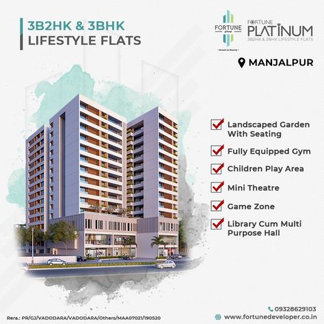 Fortune Group brings you Fortune Platinum where 3B2HK and 3BHK lifestyle apartments await you with amenities that cover everything from a fully equipped gym to a mini theatre and so much more! Call now to know more or visit us today.  For More Info:  http://wa.me/919328629103 Real Estate Amenities Creative Ads, Mini Theatre, Real Estate Instagram Post, Front Building Design, Real Estate Banner, Ad Ideas, Brochure Design Layout, Real Estate Marketing Design, Campaign Ideas