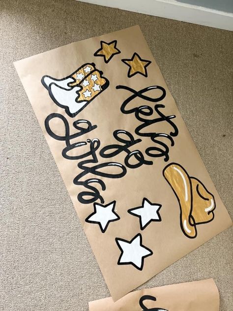 Run Home Signs Sorority, Hoco Run Through Signs Football, Diy Football Signs For Games, Western Cheer Theme, Cowgirl Sorority Theme Banner, Western Theme Football Game Poster, Sports Cheering Posters, Western Pep Rally Ideas, Banner Ideas For Cheering