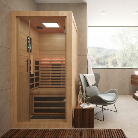 Sauna For Home, Mini Sauna Bathroom, Small Sauna In Bathroom, Indoor Sauna Ideas Home, Small Sauna Ideas, Homemade Sauna, Outdoor Sauna Kits, Sauna Bathroom Design, Home Infrared Sauna