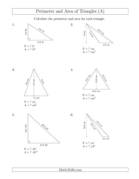 The Calculating the Perimeter and Area of Triangles (A) Math Worksheet Area Of Triangles, 8th Grade Math Worksheets, Area And Perimeter Worksheets, Text Features Worksheet, Perimeter And Area, Triangle Math, Area Worksheets, Perimeter Worksheets, Pythagorean Theorem Worksheet