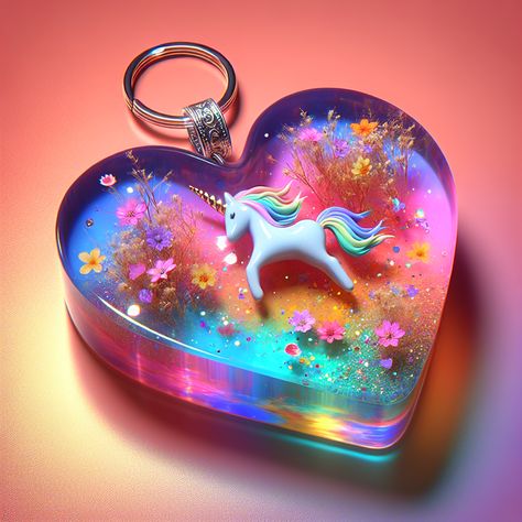 Savor the glitz and glamour of this heart-shaped resin art keychain, adorned with a unicorn charm. A delicate play of vibrant and pastel hues, with encapsulated dried flowers and glitter. Symbol of miraculous magic for trend-loving teenage girls. #ResinArt #TeenAccessorize #UnicornCharm #GlitterMagic #CuteKeychain #TrendyFashion Resin Art Keychain, Colorful Keychain, Art Keychain, Barbie Party Decorations, Diy Keychains, Barbie Doll Set, Unicorn Charm, Resin Pendants, Resin Jewelry Diy