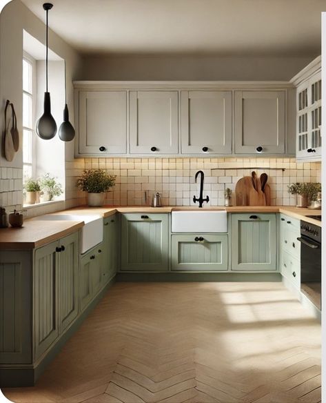 Tongue And Groove Kitchen Cabinets, Wooden Worktop Kitchen Ideas, Butcher Block Countertops With Green Cabinets, Green Kitchen Wooden Worktop, Wooden Kitchen Worktop, Sage Green And White Kitchen, Wooden Worktop Kitchen, Green And White Kitchen, Light Gray Countertops