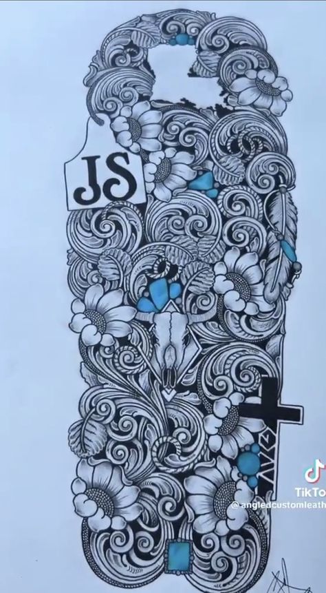 Paisley Tattoo Sleeve For Women, Western Paisley Tattoo, Leather Tooling Tattoo Ideas, Western Quarter Sleeve Tattoo, Leather Tool Tattoo, Western Filigree Tattoo, Leather Tooled Tattoo, Tooling Tattoo Sleeve, Large Western Tattoos