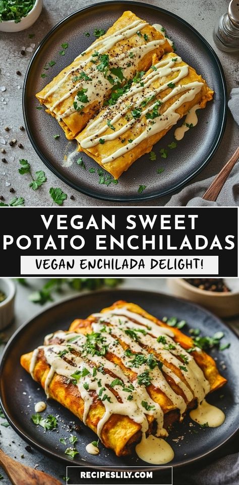 I'm excited to share my recipe for these mouthwatering vegan sweet potato enchiladas! Filled with creamy sweet potatoes and topped with a luscious sauce, they are not only healthy but also incredibly satisfying. Perfect for dinner or meal prep, and they’ll impress everyone at the table. Dive into this vegan delight and enjoy every bite! One Pan Vegan Dinner, Easy Sweet Potato Dinner, Vegan Mexican Dinner Recipes, Vegan Tex Mex Recipes, Healthy Vegan Mexican Recipes, Vegan Baked Potato Recipes, Vegan Whole 30 Recipes, Healthy Vegan Recipes Clean Eating, Sweet Potato Recipes Vegan