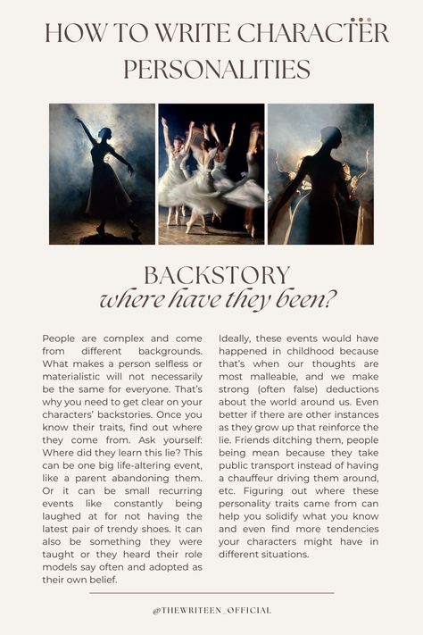 Personality is not born in a vaccum. Every trait your character displays on the page has to come from somewhere. Part of it will be genetic, but most of it will depend on their upbringing and past experiences. The question is, how did their past shape them into the person they are today?  #writers #write #writingtips #writinganovel #bookwriting #writinginspiration #thewriteen #storytelling #personality #characterdevelopment #characterinspiration #creativewriting #howtowritecharacterpersonalities Character Roles In A Story, Writers Essentials, Personally Traits, Character Personality Ideas, Personality Characters, Character Personalities, Novel Writing Inspiration, Writing Romance Novels, Writing Development