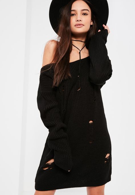 Black Distressed Off The Shoulder Sweater Dress | #Chic Only #Glamour Always Ripped Sweater Dress, Torn Dress, Off The Shoulder Sweater Dress, Off The Shoulder Jumper, Ripped Sweater, Destination Dress, Missguided Dress, Bachelorette Party Bride, Grunge Dress