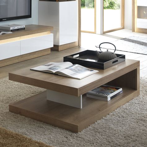 Fantastic geometric Designer Coffee Table with storage shelf. Concealed set of wheels make this easy to move. Finish: Riviera Oak/White High Gloss Livingroom Table, Meja Sofa, Designer Coffee Table, Centre Table Living Room, Centre Table Design, Sofa Table Design, Central Table, Center Table Living Room, Shoe Cupboard