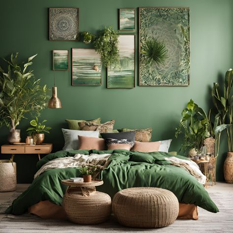 11 Boho Cozy Green Bedroom Ideas - My Besuited Home Lots Of Plants In Bedroom, Boho Bedroom Decor Green, Dark Green And Orange Bedroom, Green And Blue Bedroom, Cozy Green Bedroom, Green Boho Decor, Bedroom Boho Style, Green Bedrooms, Green Bedroom Ideas