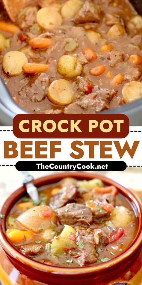 A simple, rib-sticking crock pot beef stew that is perfect for cold days! A thick, chunky stew full of beef, potatoes and vegetables! Beef Crock Pot Meals, Quick Beef Stew, Thick Beef Stew, The Country Cook Recipes, Beef Stew Crock, Crock Pot Beef Stew, Crock Pot Ham, Beef Crock Pot, Slow Beef Stew