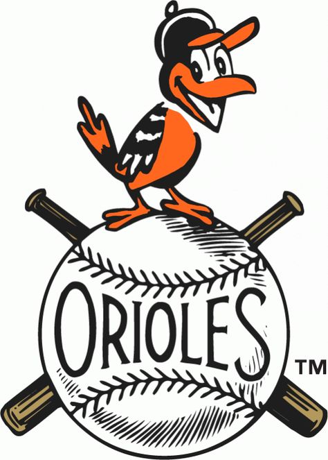 Baltimore Orioles Primary Logo (1954) - A smiling oriole perched on a baseball Orioles Logo, Baseball Teams Logo, Baltimore Orioles Baseball, Orioles Baseball, Mlb Logos, Sports Team Logos, Retro Sports, Sports Art, Retro Logo