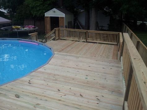 View from top deck 8x10 Pool Ramp, Swimming Pool Slides, Hot Tub Landscaping, Pool Deck Plans, Cheap Pool, Best Above Ground Pool, Above Ground Pool Ideas, Ground Pool Ideas, Pool Steps