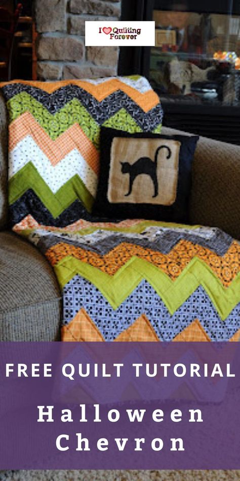 Free Quilt Tutorial: Halloween Chevron Quilt Chevron Quilt Tutorials, Chevron Quilt Pattern, Halloween Quilt Patterns, Free Quilt Tutorials, Halloween Quilt, Quilt Sewing Patterns, Quilt Tutorial, Beginner Quilt Patterns, Free Quilt Patterns