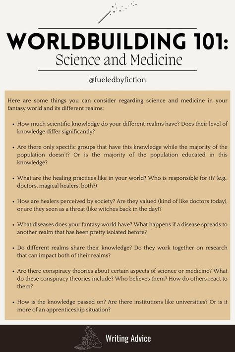 Did you ever consider how science and medicine might function in your fantasy world? Here are some questions you might want to consider Check out my world-building board for more ideas for your world-building process! Also check out my profile for more writing advice World Building Tips Writing, Jobs In Fantasy World, Story Building Ideas, How To Build A Fantasy World, Fantasy World Writing, How To World Build, World Building Ideas, World Building Template, Worldbuilding Template