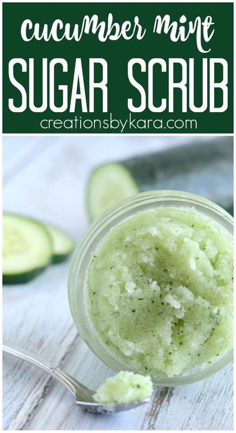 This simple cucumber mint sugar scrub smells fantastic, and helps soften up dry itchy skin. An invigorating sugar scrub recipe. #sugarscrubrecipe #sugarscrub #mintsugarscrub #cucumbersugarscrub #giftidea #diysugarscrub #creationsbykara Mint Sugar Scrub, Mint Sugar, Diy Sugar Scrub Recipe, Coffee Facial, Body Scrub Recipe, Sugar Scrub Homemade, Sugar Scrub Recipe, Diy Body Scrub, Homemade Lotion