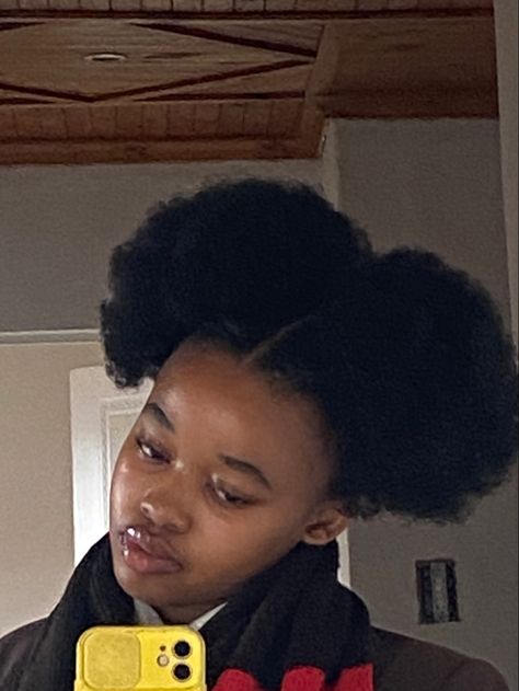 pretty light skin black south african teenage girl with two big black afro space buns taking a mirror selfie Space Buns Afro Hair, Space Buns 4c Natural Hair, Afro Space Buns, Afro Hair 4c, Afro 4c Hairstyles, Medium Afro, Low Space Buns, Short African Hairstyles, Dancer Hairstyles