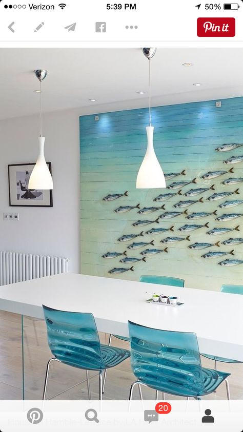 Turquoise Design, Dining Room Art, Nice Picture, Bauhaus Style, Beach House Style, White Modern Kitchen, Coastal Interiors, Fish Painting, Design Milk