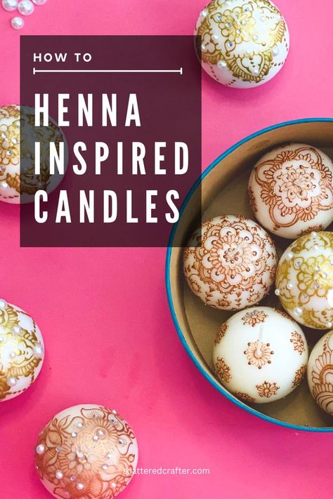 henna decorated candles Diy Candles For Diwali, Candles For Diwali, Mehndi On Candles, Henna Candles Diy, Mandala Candles, How To Make Henna, Mandala Tea Light Holder, Henna Tealight Candles, Henna Candles