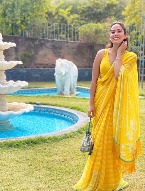 Mira Rajput's Spring Wedding Look In A Yellow Saree Is Brighter Than Sunshine Yellow Saree For Haldi, Haldi Outfits, Mira Rajput, Saree Gown, Yellow Saree, Bridesmaid Outfit, Dress Indian Style, Traditional Wear, Saree Look