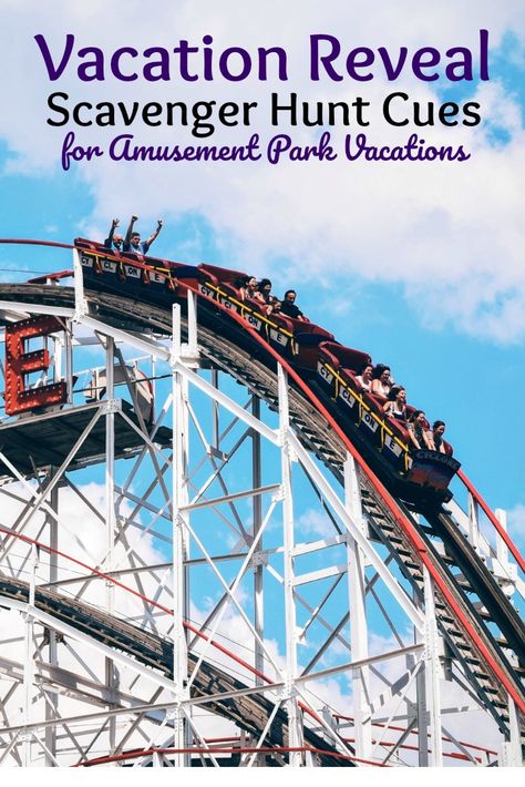 Vacation Announcement Scavenger Hunt for Amusement Park Trips! If you are planning a trip to an amusement park with family, surprise them with the adventure using these scavenger hunt clues! #scavengerhunt #roadtrips #vacation #vacationannouncement #scavengerhuntclues #amusementpark Surprise Universal Studios Trip Scavenger Hunt, Great Wolf Lodge Scavenger Hunt, Universal Studios Scavenger Hunt, Kids Scavenger Hunt Clues, Scavenger Hunt Gift, Disney Trip Reveal, Disneyland 2024, Road Trip Scavenger Hunt, Surprise Trip Reveal