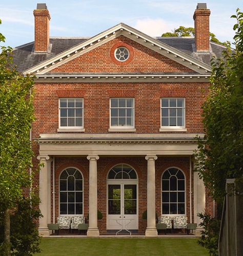 Adam Architecture Adam Style Architecture, Modern Classical Architecture, Red Brick Colonial, Manor Exterior, Adam Architecture, Clay Bricks, Exterior Balcony, Brick Colonial, New Classical Architecture