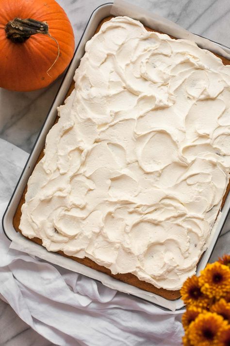 This easy gluten-free pumpkin sheet cake with whipped cream frosting is the ideal dessert to feed a crowd at Halloween or Thanksgiving. Gluten Free Pumpkin Bars With Cream Cheese Frosting, Pumpkin Cake 8x8, Gluten Free Pumpkin Sheet Cake, Gluten Free Pumpkin Cake With Cream Cheese Frosting, Sheet Cake Pumpkin Bars With Cream Cheese Frosting, Gf Bars, Cake With Whipped Cream Frosting, Gluten Free Pumpkin Cake, Gluten Free Pumpkin Bars