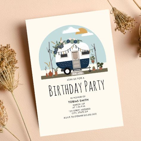 $2.8 | Vintage Boho Blue Camper Birthday Party Invitation - vintage camper, retro camper, camper, 70s, pampas, macrame, birthday party, kids birthday, camping birthday, boys birthday Camper Birthday Party, One Happy Camper First Birthday, Glamping Birthday Party, Boho Camper, Glamping Birthday, One Happy Camper, Vintage Birthday Cards, Kids Birthday Themes, First Birthday Party Themes