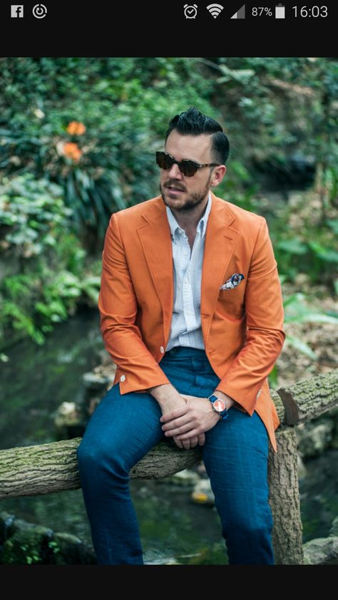 Orange Blazer Outfits, Ropa Semi Formal, Orange Outfits, Casual Work Attire, Blazer Outfits Men, Orange Blazer, Man Dressing Style, Orange Outfit, Designer Suits For Men