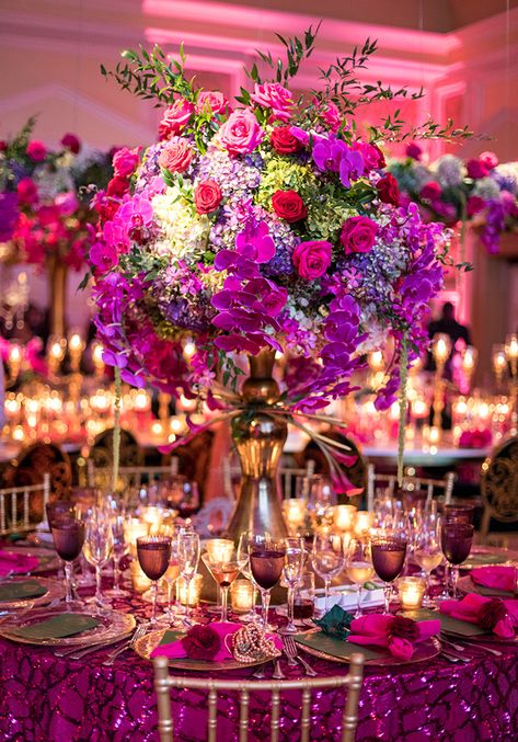 Real Wedding: Harshika & Nathan Turquoise And Fuschia Decor, Pink And Burgundy Wedding Table Setting, Fuschia Wedding, Beach Wedding Venues, Magenta Wedding, Hot Pink Weddings, Wedding Color Trends, Palm Beach Wedding, Viva Magenta