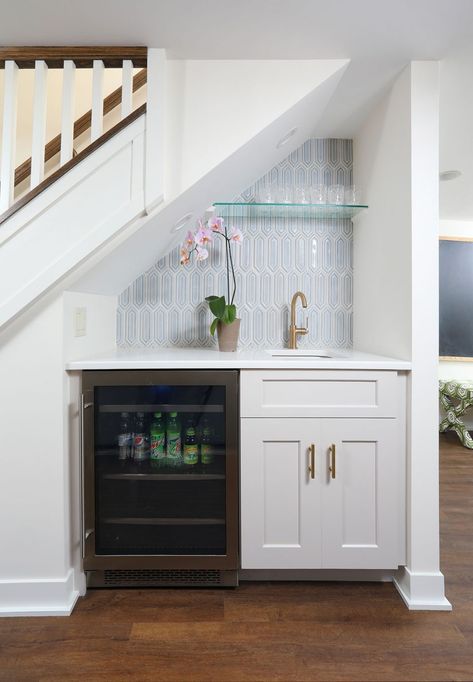 Attic Wet Bar, Built In Bar Under Stairs, Basement Wet Bar Ideas Small Spaces, Wet Bar Under Stairs, Basement Gameroom, Stairs Remodeling, Loft Remodel, Bar Under Stairs, Kitchen Under Stairs