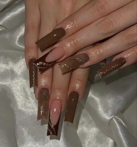 Sophisticated Nails, Emerald Nails, Brown Acrylic Nails, Brown Nails Design, Tapered Square Nails, Coffee Nails, Glittery Nails, Drip Nails, Stylish Nails Designs