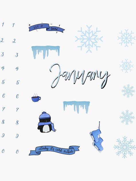 "January/winter theme Stickers Pack Bullet Journal " Sticker for Sale by tensinhouse | Redbubble Winter Theme Stickers, Bullet Journal January Theme, January Stickers, Bullet Journal Sticker, Journal Sticker, Bullet Journal Notebook, Stickers Printable, Bullet Journal Stickers, Winter Design