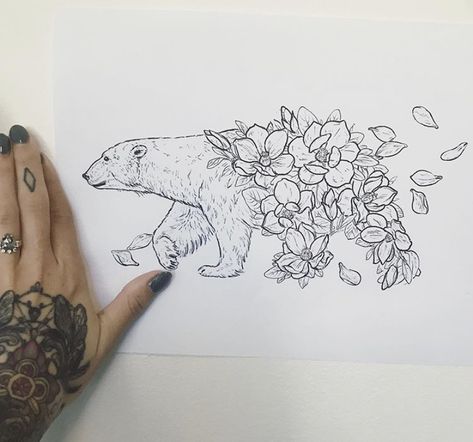 Bear And Poppy Tattoo, Bear Feminine Tattoo, Illustrative Bear Tattoo, Bear And Rose Tattoo, Bear And Sunflower Tattoo, Bear Tattoos With Flowers, Bear With Flowers Drawing, Momma Bear Tattoo For Women, Flower Bear Tattoo