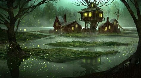 Cute Swamp Village, Fantasy Village, Illustration Fantasy, Prom 2016, Fantasy Magic, Fantasy Places, Fantasy Setting, Fantasy Concept Art, Magical Forest