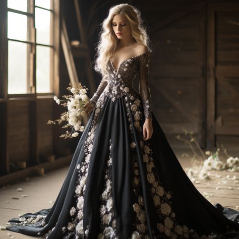 Black Goth Wedding, Quinceanera Dresses Ideas, Dark Forest Wedding, Brown Wedding Dress, Goth Wedding Dresses, Ball Gowns Fantasy, Nye Wedding, Wedding Halloween, Dressed In White