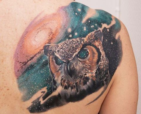 Animal Tattoo by Gunnar V Tattoo | Tattoo No. 12852 Owl Tattoo Color, Snow Owl Tattoo, Icelandic Tattoo, V Tattoo, Awesome Owls, Galaxy Tattoo, Tattoo Color, Snow Owl, World Tattoo