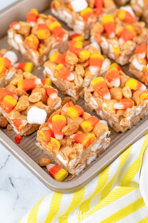 Peanut Candy Corn Bars, Fall Treats With Candy Corn, Candy Corn Bark Recipes, Candy Corn Marshmallows, Candy Corn Casserole, Candy Corn Peanut Bars, Recipes Using Candy Corn, Candy Corn Mix Fall Snacks, Candy Corn Treats