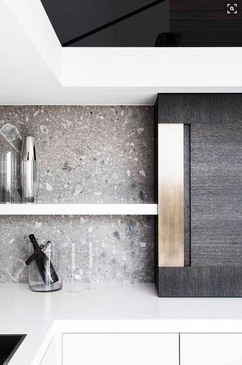 grey stone backsplash || Ceppo di Gre Terrazzo Backsplash, Terrazzo Kitchen, Monochrome Kitchen, Tile Trends, Kitchen Splashback, Ideas Hogar, Kitchen Themes, Linoleum, Kitchen Backsplash