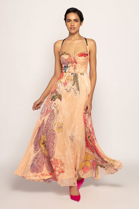 Shop for these amazing collections of Peach Chiffon Print Periwinkle Sweetheart Neck Bloom Dress For Women by Saaksha & Kinni online at Aza Fashions. Corset Style Dresses, Bandhani Print, Elegant Summer Dresses, Peach Fuzz, Grad Dresses, Pleated Maxi Dress, Pleated Maxi, Corset Style, Xl Dress