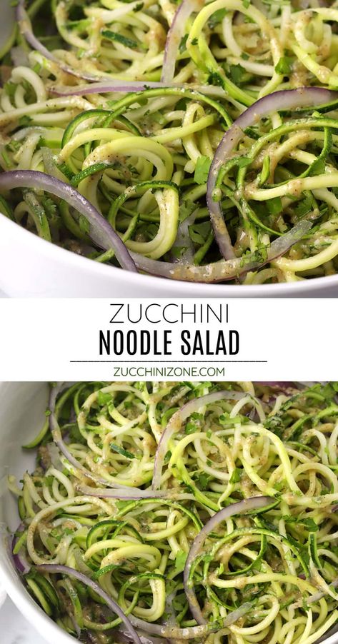 Zucchini noodle salad recipe by Zucchini Zone. Zucchini noodle salad is a refreshing summer side dish that you'll be making on repeat. Zucchini noodles, onion, and fresh cilantro are tossed in a simple vinaigrette dressing that's light and flavorful. #zucchininoodlesalad #zoodles #zucchininoodles #zoodlesalad #rawsalad #vegansalad #summer #recipe Zucchini Noodle Side Dish Recipes, Zucchini Noodle Salad, Zoodle Salad, Zucchini Noodles Salad, Raw Zucchini, Zucchini Side Dishes, Zone Recipes, Zucchini Noodle, Eating Well Recipes