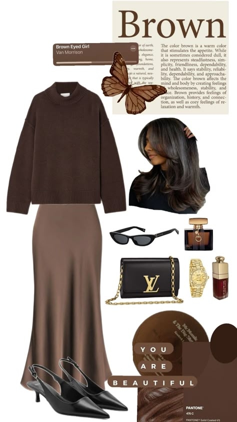 #fall #brown #outfit #aesthetic How To Style Chocolate Brown Boots, Brown Holiday Outfit, Dark Brown Shoes Outfit Women, Dark Brown Outfit Aesthetic, Brown On Brown Outfit, Brown Style Aesthetic, Shades Of Brown Outfit, Brown Boots Outfit Winter, Dark Brown Outfit