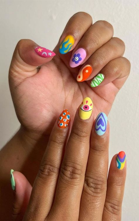 Trippy Short Nails, Funky Design Nails, Mix And Match Nail Art, Funky Nail Art Trendy, Bright Funky Summer Nails, Short Festival Nails, Quirky Nail Designs, Funky Nail Ideas Fun, Summer Funky Nails