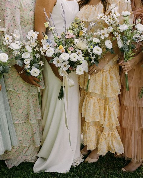 Ranch Wedding Bridesmaid Dresses, Garden Party Bridesmaids Dresses, Mismatched Bridesmaid Dresses Summer, Multicolored Bridesmaids Dresses, Bridesmaids Mismatched, Colorful Bridesmaid Dresses, End Of Summer Wedding, Bridesmaid Color Scheme, Mismatched Dresses