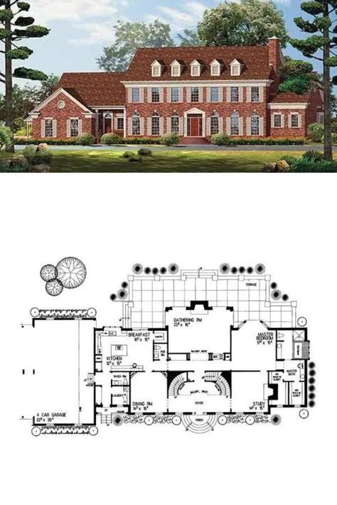 5-Bedroom Two-Story Grand Georgian-Style House Plan Georgian Architecture Floor Plans, Georgian Homes Interior, Georgian House Plans, Georgian Design, Red Brick Exteriors, Georgian Style Homes, Georgian Architecture, Gathering Room, Dormer Windows