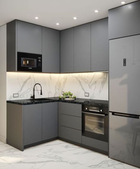 Grey Kitchen Cabinets Black Countertop, Black And Grey Kitchen Cabinets, Black And Grey Kitchen Ideas, Small Black Kitchen Ideas, Kitchen With Black Countertops, Kitchen Design Countertops, Серая Кухня, Blue Kitchen Cabinets, Green Kitchen Cabinets