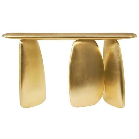 Gold Pebble Console with Gold Leaf ($12,470) ❤ liked on Polyvore featuring home, furniture, gold leaf furniture, gold console, gold leaf console, gold furniture and handpainted furniture Gold Leaf Furniture, Gold Console Table, White Furniture Living Room, Gold Furniture, Contemporary Modern Furniture, Modern Console Tables, Modern Console, Feuille D'or, Plywood Furniture