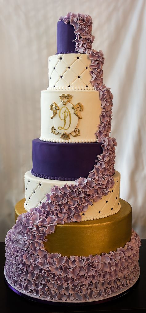 Purple Black And Gold Wedding Cake, Purple Gold And White Wedding Cake, Purple Gold Wedding Cake, Purple And Gold Groomsmen Attire, Royal Purple Wedding Cake, Blue Purple Gold White Wedding, Wedding Cake Purple And Gold, White Gold And Purple Wedding, Gold And Purple Wedding Theme