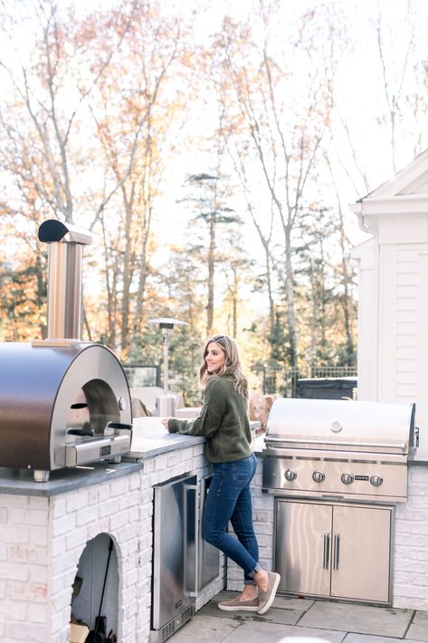 Outdoor Kitchen Concrete Countertops, Concrete Farmhouse, Limestone Countertops, Lauren Mcbride, New England Farmhouse, Outdoor Kitchen Island, Reclaimed Brick, Backyard Kitchen, Outdoor Kitchen Patio