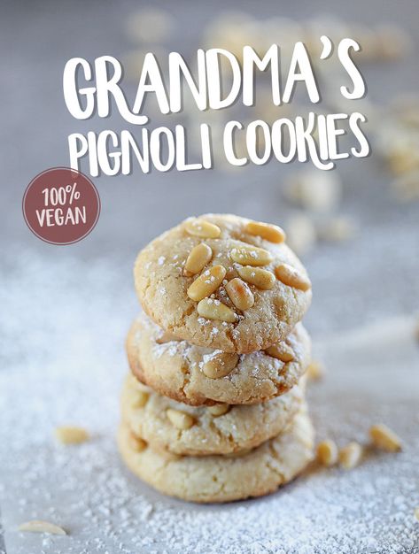 Vegan Italian Pignoli Cookies by Pasta-based. A stack of pignoli cookies sprinkled with powdered sugar. Text reads: Grandma's Pignoli Cookies. 100% Vegan. Pignoli Cookies, Almond Paste Recipes, Italian Almond Cookies, Italian Christmas Cookies, Italian Bakery, Vanilla Recipes, Cookies Vegan, Vegan Italian, Almond Paste